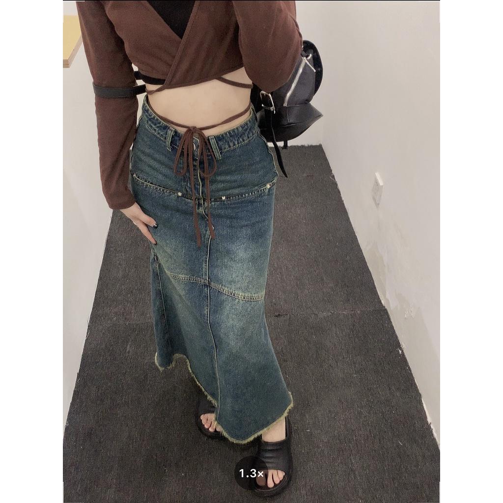 Chân váy bò dáng dài EMIX, denim, đuôi cá, dáng ôm, phối bèo dài, ulzzang Hàn Quốc 6857