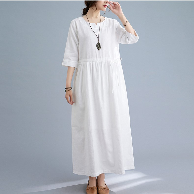 Đầm suông linen dáng dài màu trắng 2 túi sườn, Đầm nữ thắt eo phong cách vintage Đũi Việt
