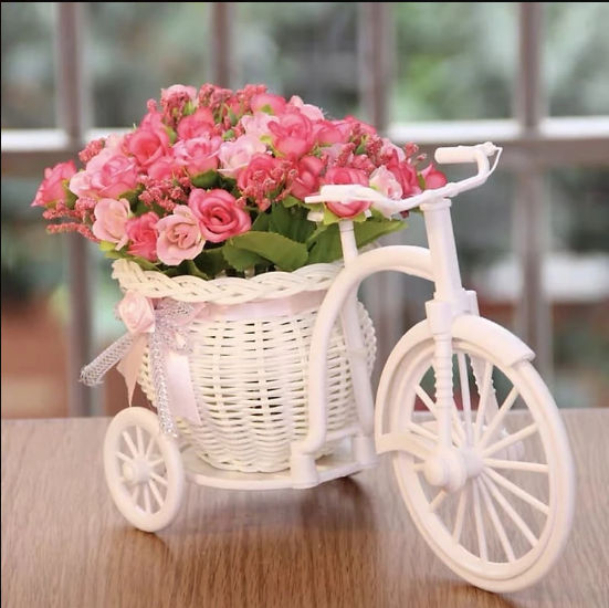 Xe đạp và giỏ hoa hồng giả dễ thương, decor trang trí bàn và kệ