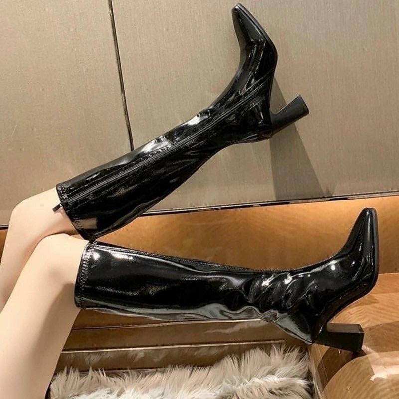 Boot đùi nữ da bóng gót vuông 7p hàng hộp đẹp form ôm chân ( video thật