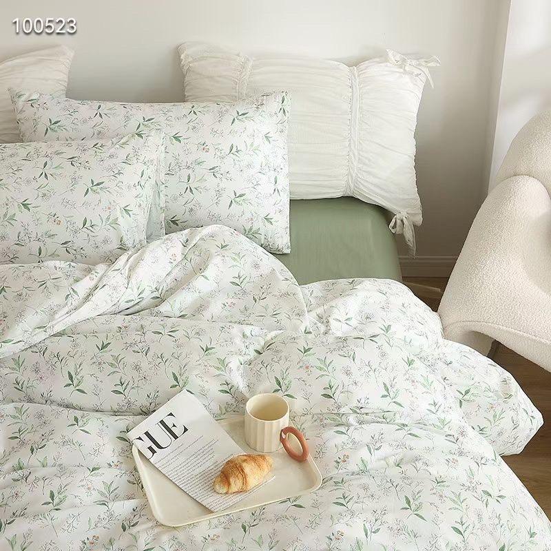 Bộ Chăn Ga Gối Cotton Living 100%cotton Hàng Nhập Khẩu Cao Cấp 4 Món Hello Summer Hoa Lá Xanh