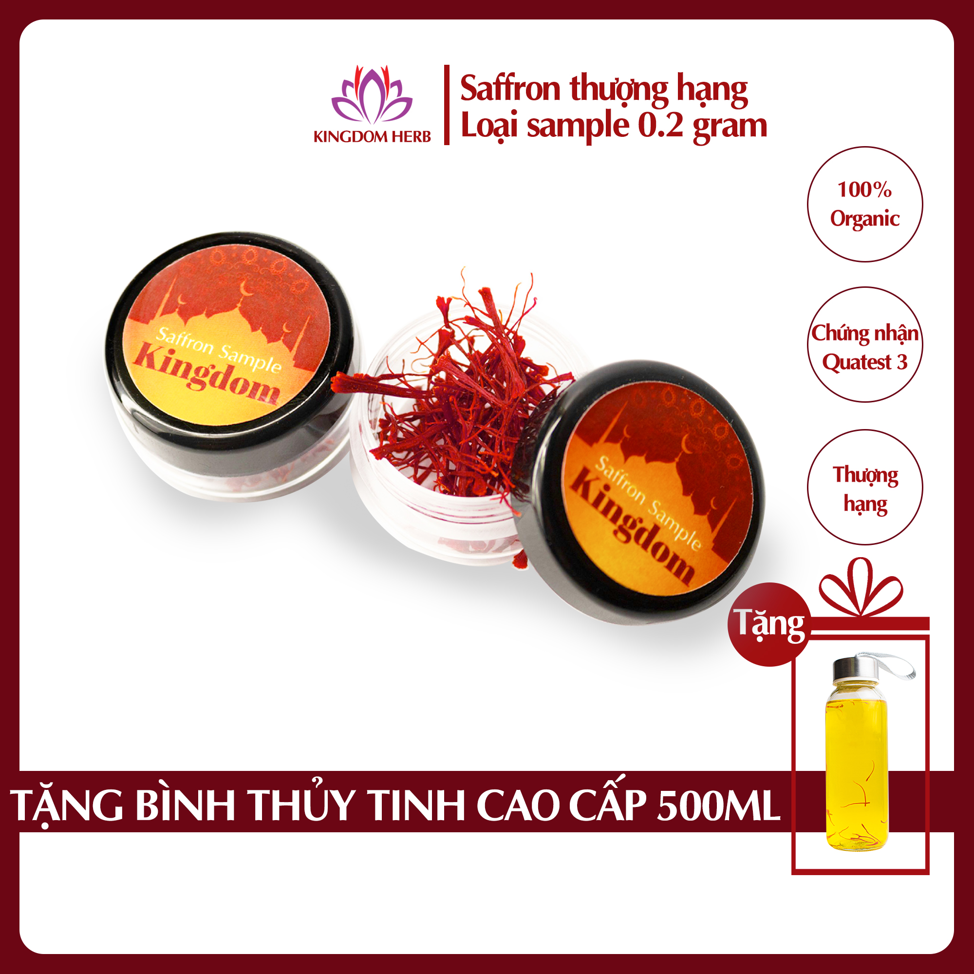 Saffron Kingdom Herb nhụy hoa nghệ tây Iran hộp 0.2 gram, hàng chính hãng super negin thượng hạng (Tặng bình nước thủy tinh)