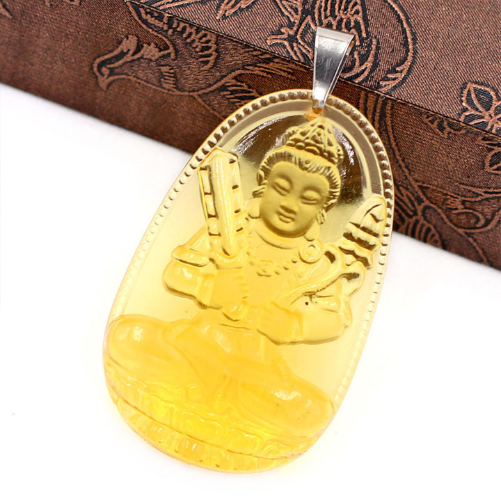 Mặt Dây Chuyền Phật Hư Không Tạng Bồ Tát Đá Pha Lê Vàng Size Nhỏ 3.6cm & Size Lớn 5cm- Tặng Kèm Móc Inox - Phong Thủy 868 - May Mắn - Bình An