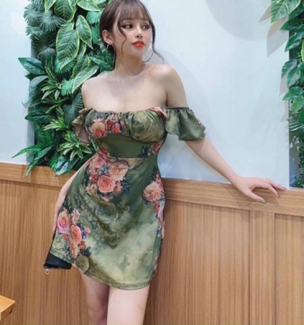 Đầm rớt vai hoạ tiết 3D có mút ngực xinh hết nấc