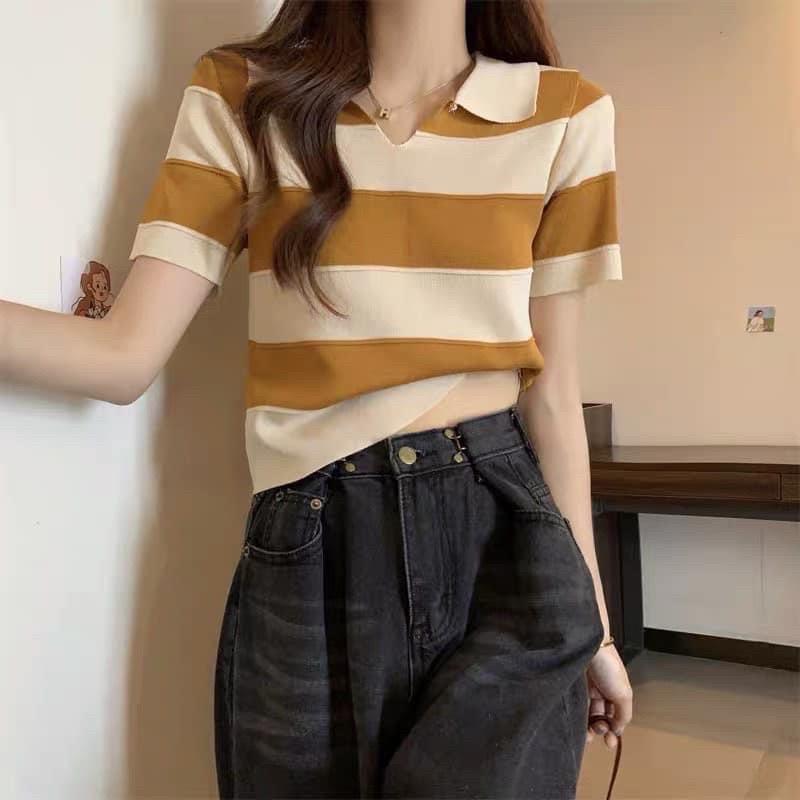 Áo len Montoghi dệt kim CỔ BẺ CHỮ V sọc BẢN TO tay ngắn phong cách Hàn Quốc xinh xắn