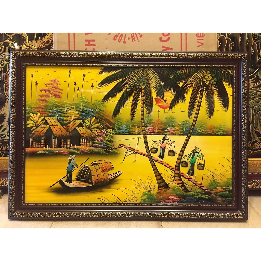 Tranh sơn mài cao cấp Đồng Quê Thanh Bình Lê kèm khung size 48x68 cm treo tường, trang trí nhà cửa, văn phòng, quà tặng