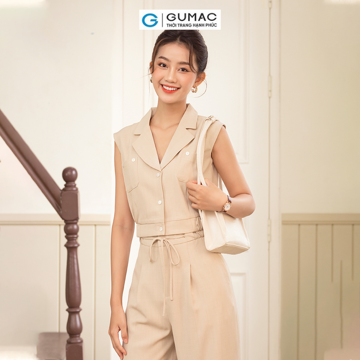 Set lẻ Áo lửng túi đắp thời trang GUMAC AD06004 - Quần culottes thắt nơ thời trang GUMAC QD06005