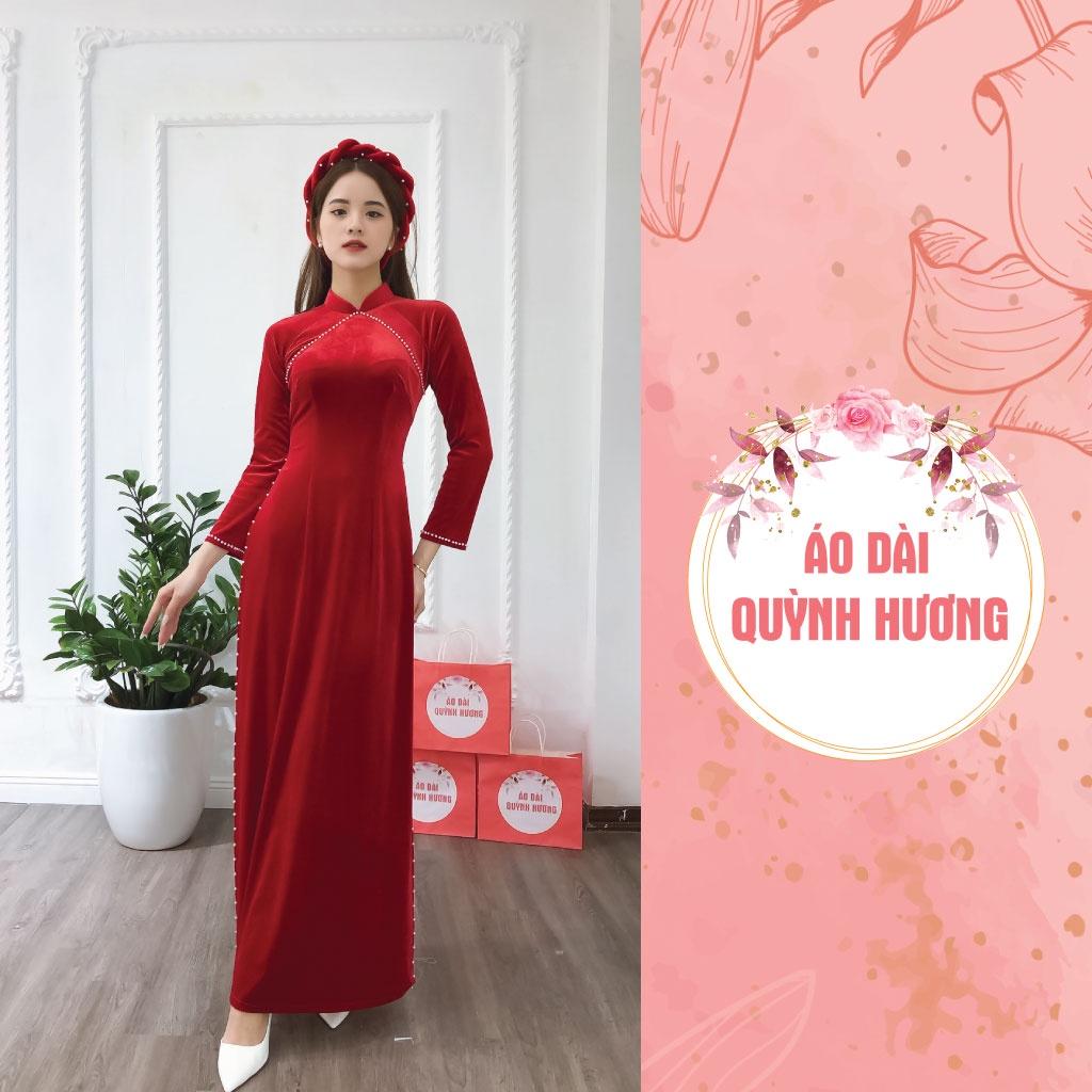 Áo dài nhung đính hạt cổ và tà