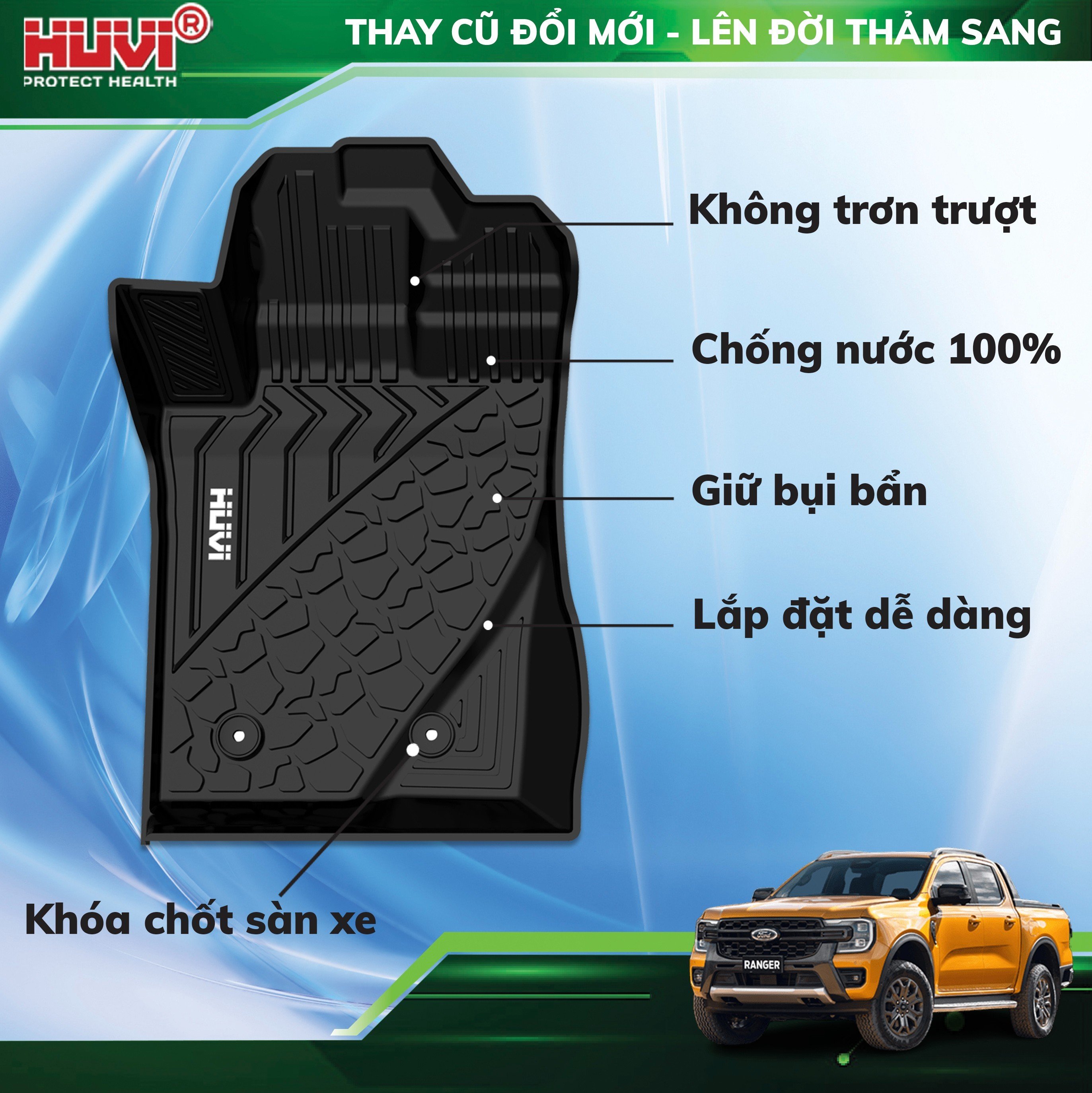Thảm lót sàn ô tô 3D Ford Ranger 2023 nhựa TPE thân thiện môi trường