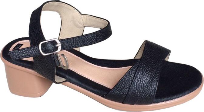 Giày xăng đan nữ quai ngang Trường Hải da bò thật màu đen gót vuông đế PU siêu nhe cao 5cm màu đen SDN0741
