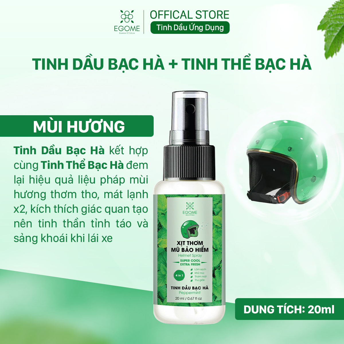 Xịt Thơm Mũ Bảo Hiểm Egome Tinh Dầu Bạc Hà làm sạch, khử mùi mũ bảo hiểm 20ml