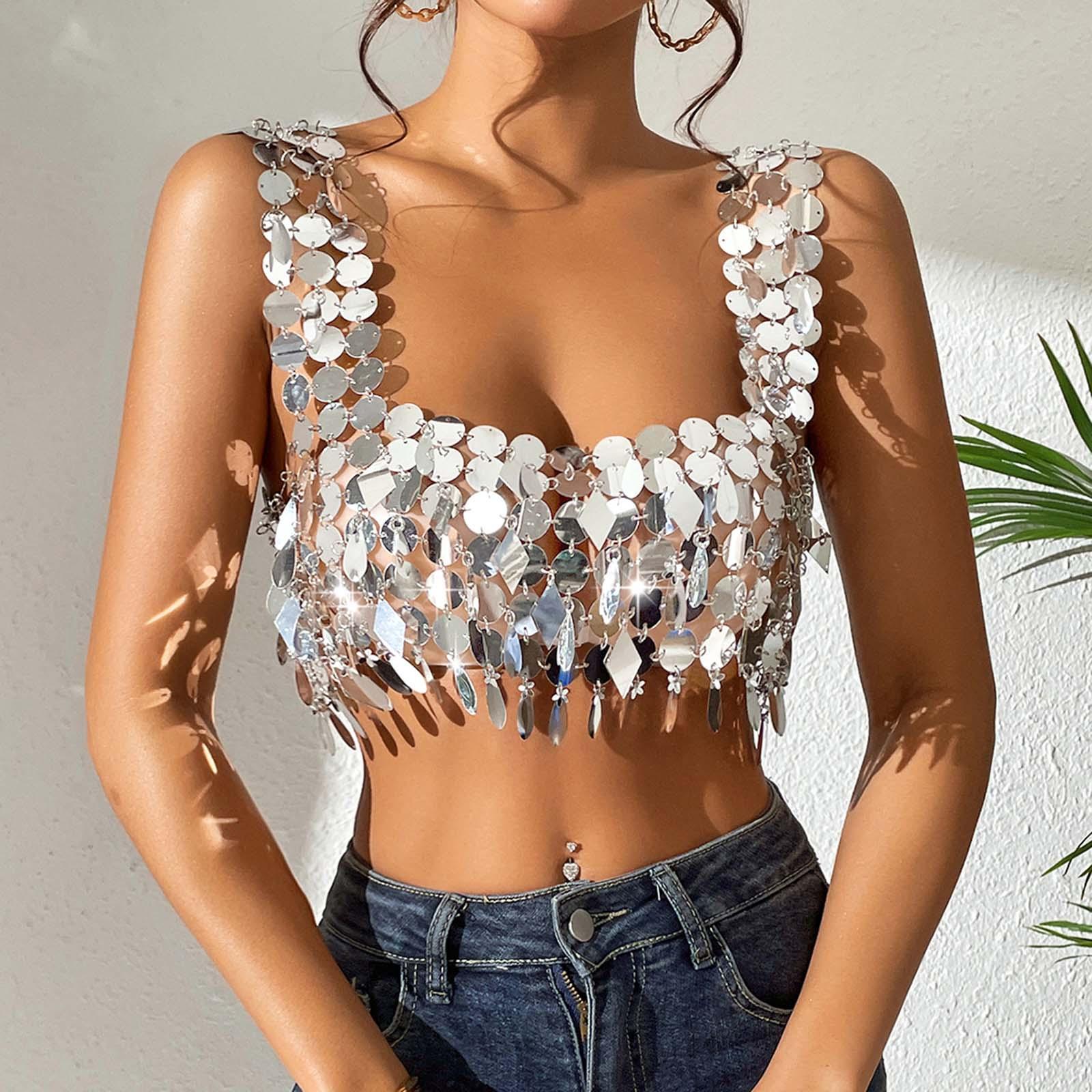 Sequin Crop Top Crop Halter Top Y2K Women Shiny Sleeveless Camisole Cami  Tops for Nightclub Dance Party Belly Dancing Festival