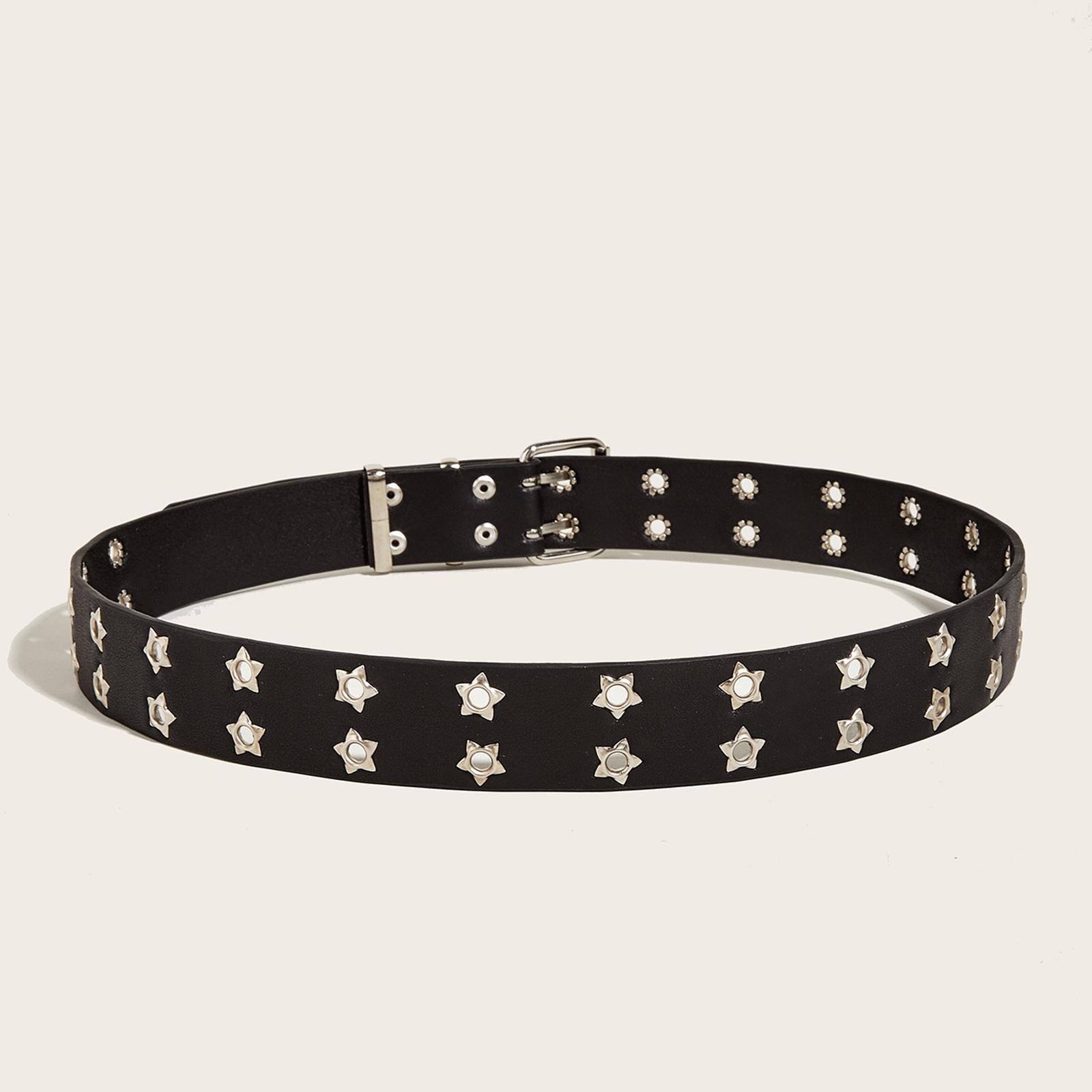 Fashion Women Leather Belt Double Grommet Belt Metal Buckle Gothic Punk Belt Adjustable