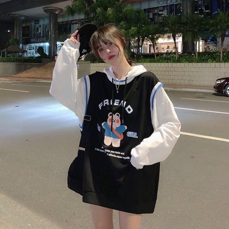 Áo hoodie gile dài tay màu xanh và đen cho nam và nữ - Hàng QCCC