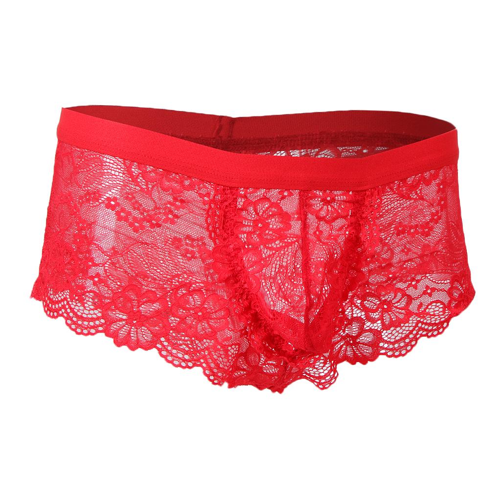 Sexy Men sheer Lace See Through Panties Briefs Underwear Lingerie Red