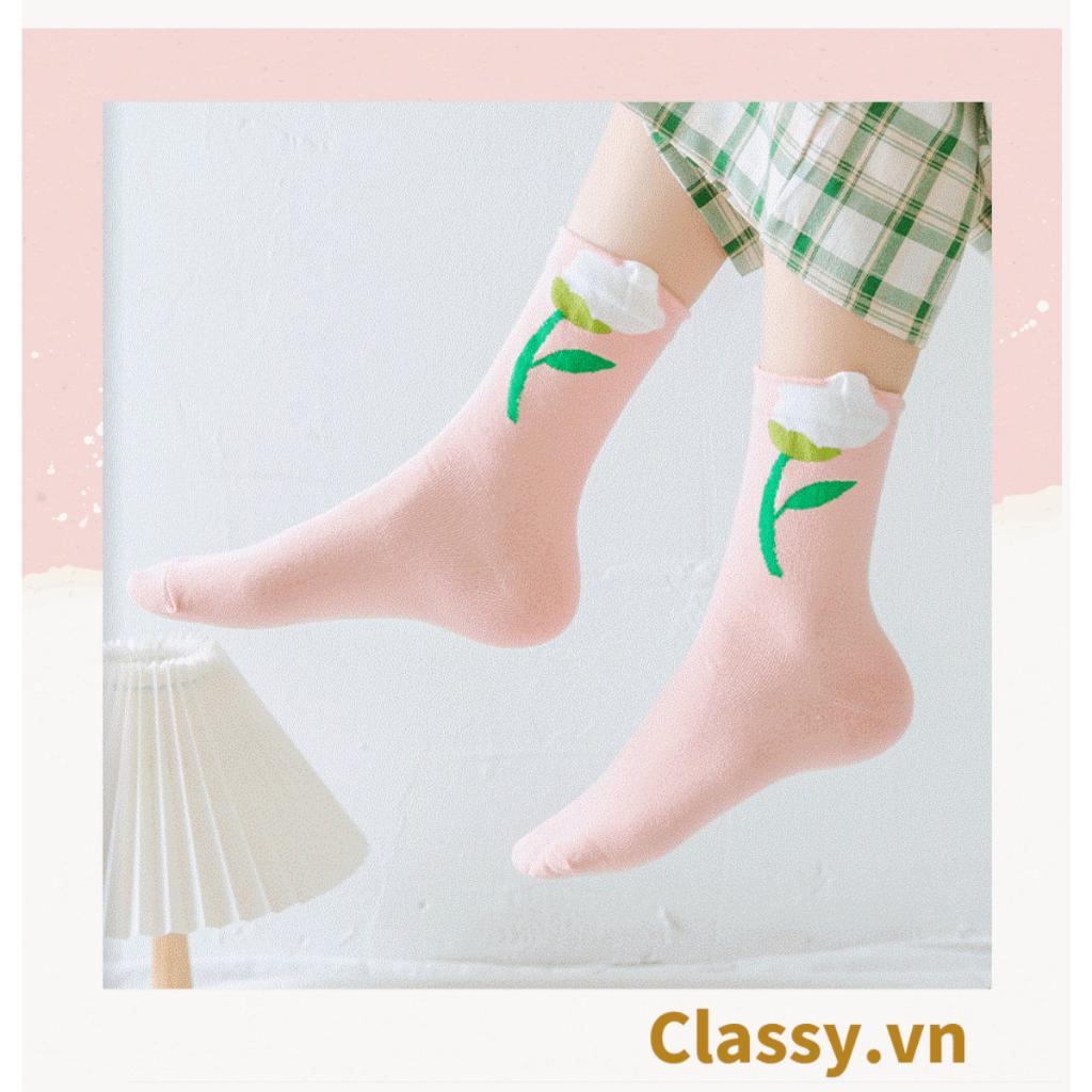 Tất cổ cao, vớ cổ cao hoa tulip Classy chất cotton siêu êm G1347