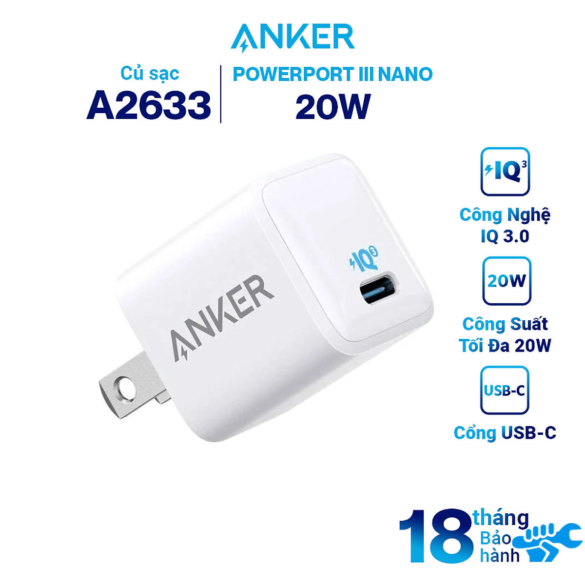 Adapter Sạc AN KER PowerPort III Nano 20W 1 cổng USB-C (Type-C) Công Nghệ PowerIQ 3.0 Tích Hợp Power Delivery - AN KER A2633