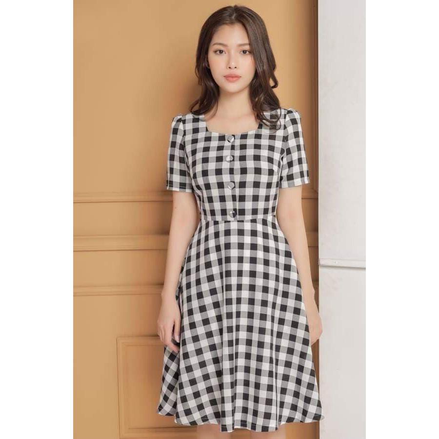 ( S.M.L.XL) Đầm xòe caro nút bọc có túi hàng thiết kế cao cấp