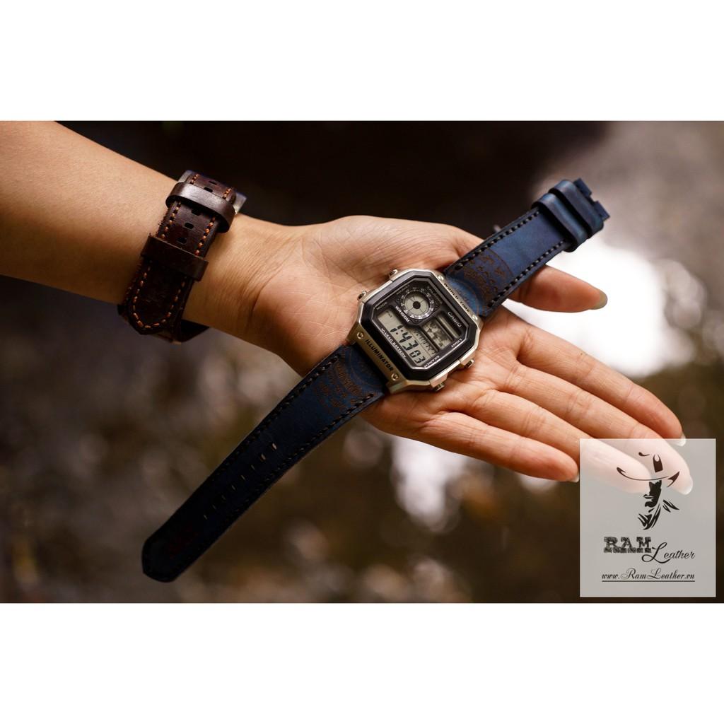 (MUA 1 ĐƯỢC 5)DÂY ĐỒNG HỒ CASIO AE1200/SEIKO5 DA BÒ THẬT XANH NAVY TRỐNG ĐỒNG