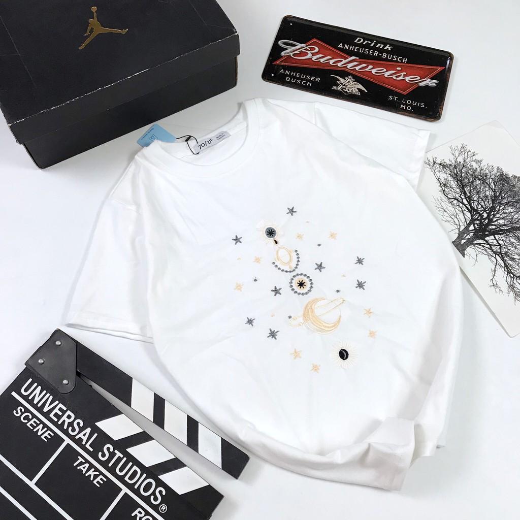 - ÁO THUN NGẮN TAY UNISEX THÊU VŨ TRỤ 3 MÀU TRẮNG - ĐEN - XANH NEON