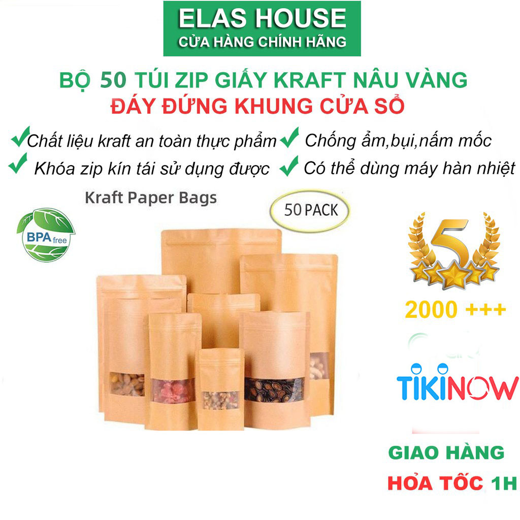 Túi Zip Đựng Thực Phẩm,50 Chiếc Túi Zip Giấy Kraft Đáy Đứng Có Cửa Sổ Vàng,Túi Zipper Mini Nâu