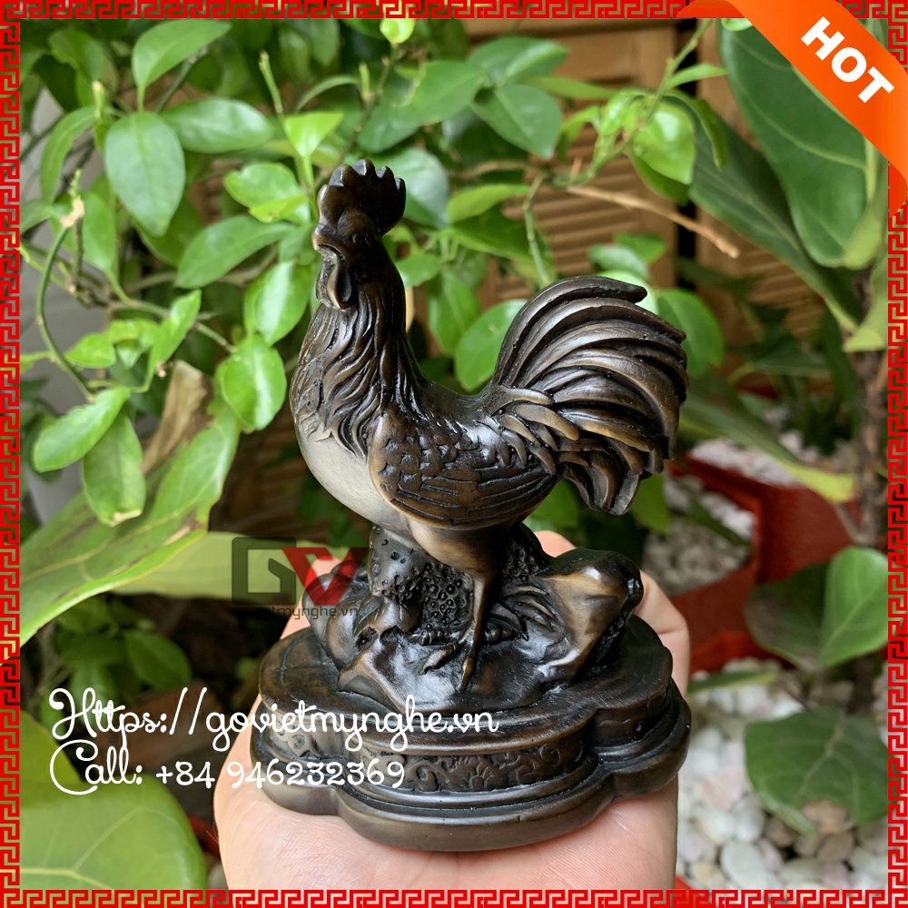 Tượng đá phong thủy con gà trống trang trí phong thủy để bàn làm việc - Cao 12cm - Màu nâu đen
