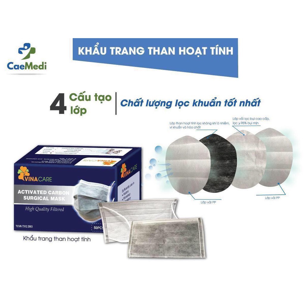 Khẩu trang y tế CAEMEDI 4 lớp Than Hoạt Tính, kháng khuẩn, lọc bụi bẩn chuẩn BFE, FDA xuất khẩu Châu Âu - Hộp 50 Cái