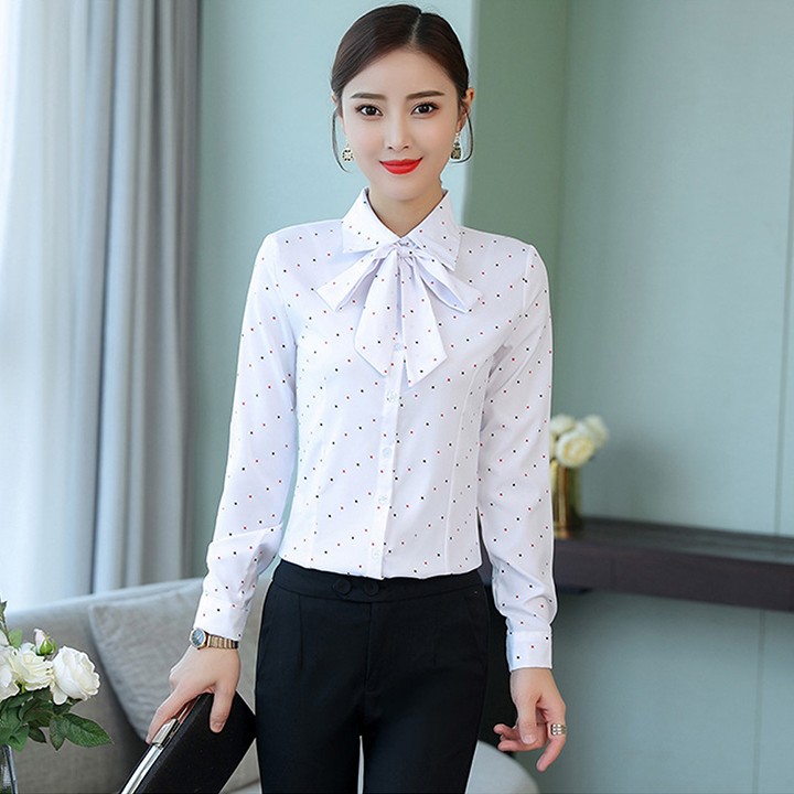 Áo Sơ Mi Nữ Công Sở Thắt Nơ Cổ Nữ Tính Hoạt Tiết Chấm Bi Và Cherry