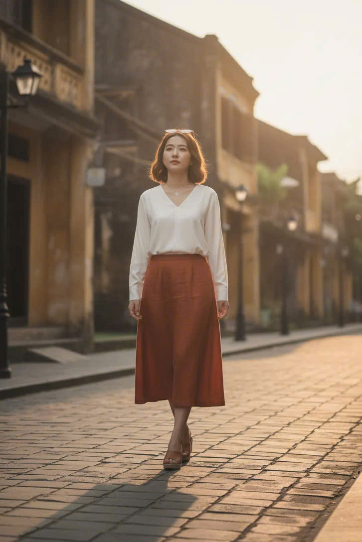 Váy Midi Linen, Váy Dài Linen Cam Gạch SKI055 thời trang thiết kế Hity