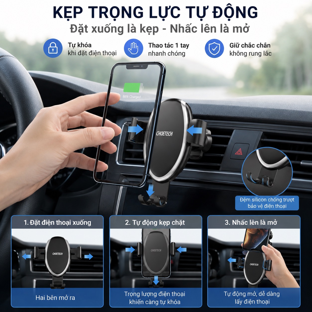 Giá đỡ điện thoại sạc nhanh không dây 2 in 1 gắn chân không + kẹp khe gió Choetech T536 Cho điện thoại / iPhone - Kẹp Trọng Lực Xoay 360 Độ Kẹp Khe Gió Hoặc Dán Taplo - hàng nhập khẩu