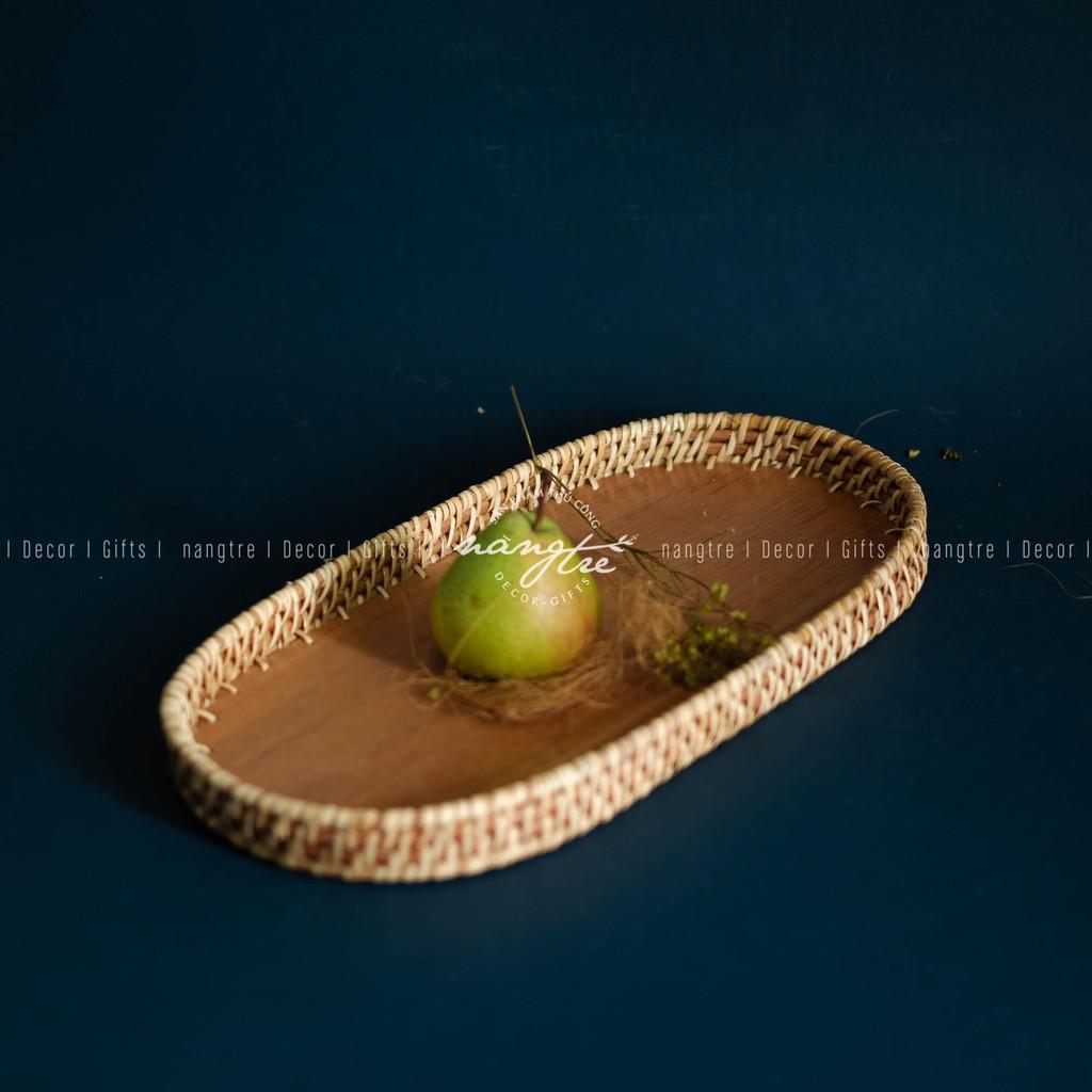 Khay mây oval - Khay oval đế gỗ óc chó - Oval rattan tray