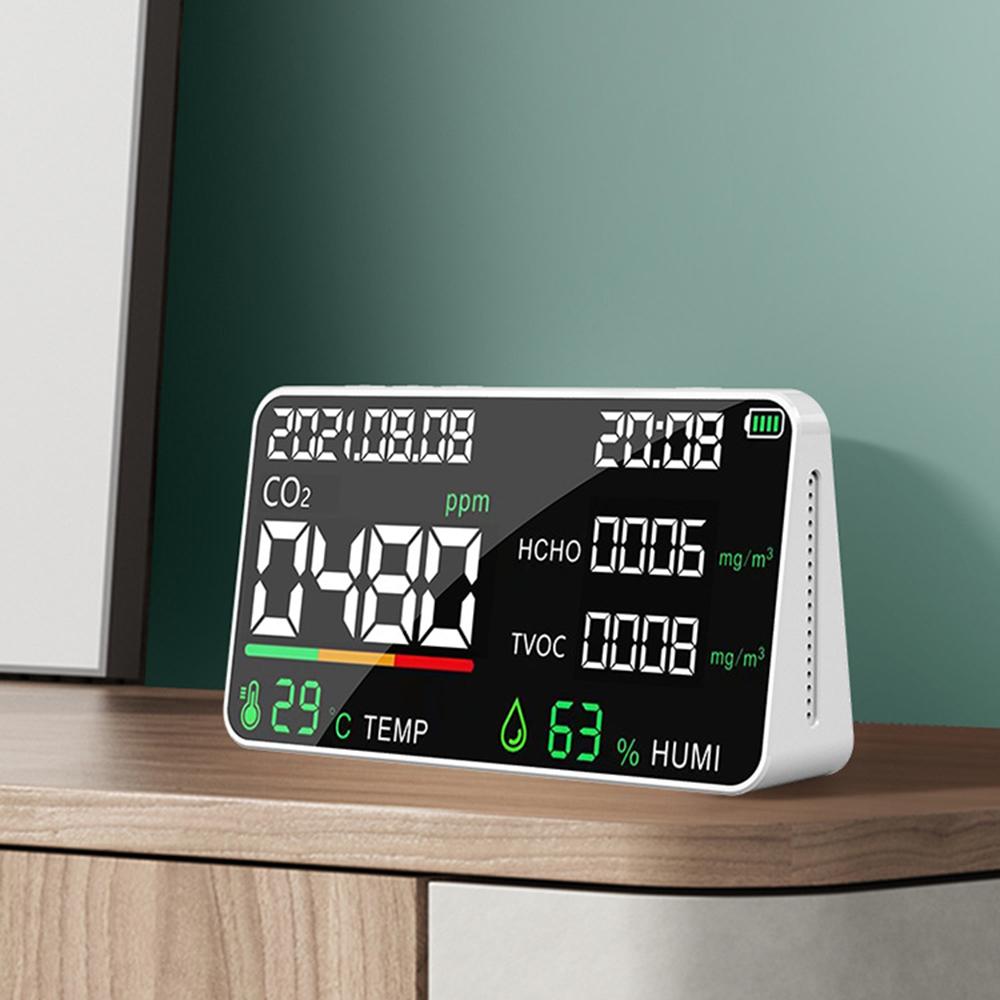 5 in 1 Air Quality Monitor LED Digital CO2 HCHO TVOC Temperature Humidity Tester USB Rechargeable Indoor Carbon Dioxide Meter for Room Office Greenhouse Warehouse