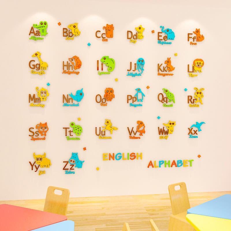 Decal dán tường mica 3D bảng chữ cái tiếng anh trang trí phòng bé, trang trí lớp học tiếng anh, tranh dán tường mica