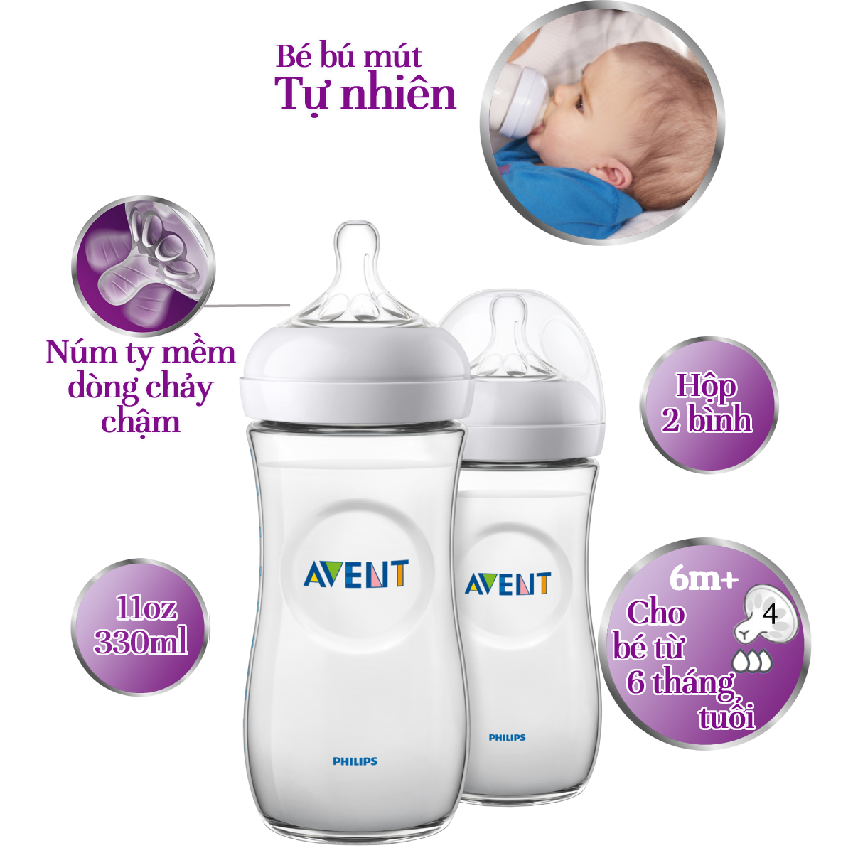 Hộp 2 Bình sữa bằng nhựa Philips Avent 330ml cho trẻ từ 6 tháng tuổi SCF696/23