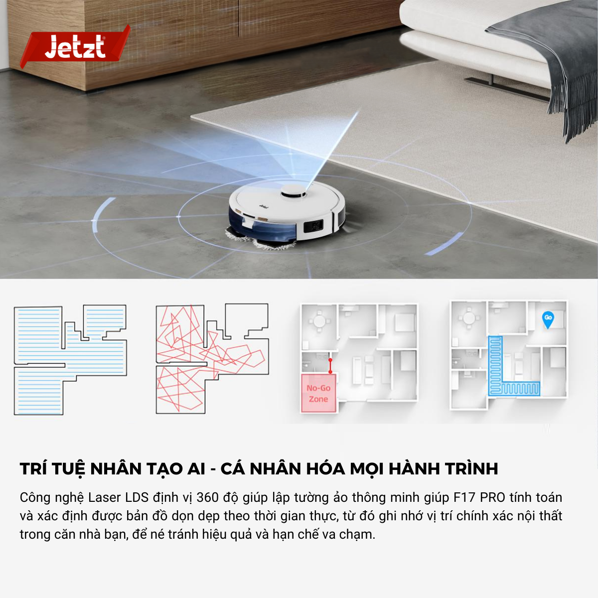 Robot lau sàn hút bụi tự làm sạch Jetzt F17 PRO - Điều khiển giọng nói thông qua app, hàng chính hãng