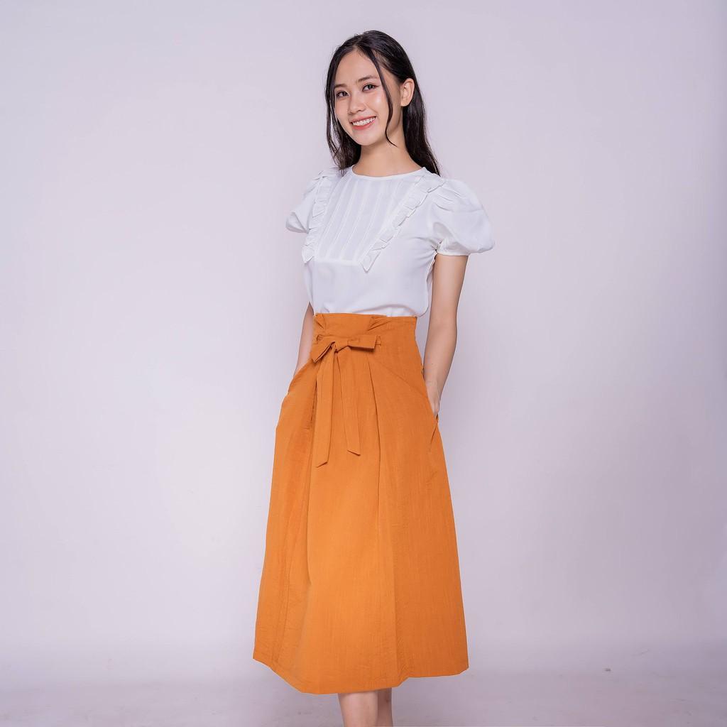 Chân váy dài công sở dáng dài qua gối phối nơ eo TKFASHION, - K464