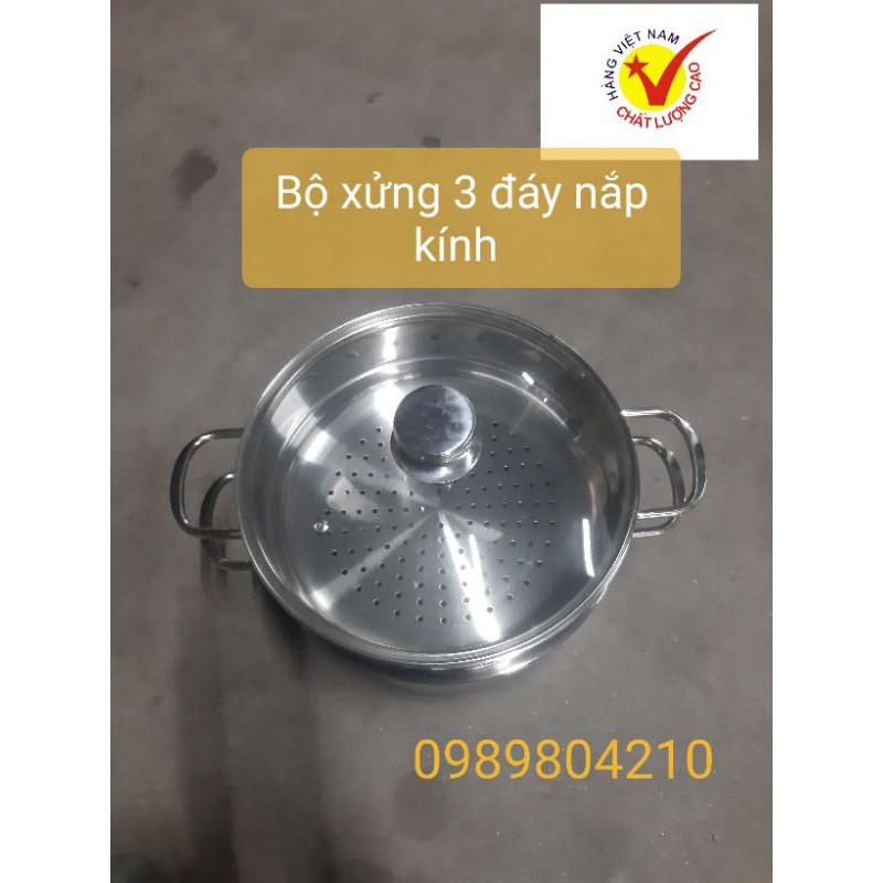 Bộ nồi xửng hấp inox ,xửng hấp inox 2 tầng 3 đáy nắp kính,nắp inox  đun bếp từ size 26 chõ hấp xôi