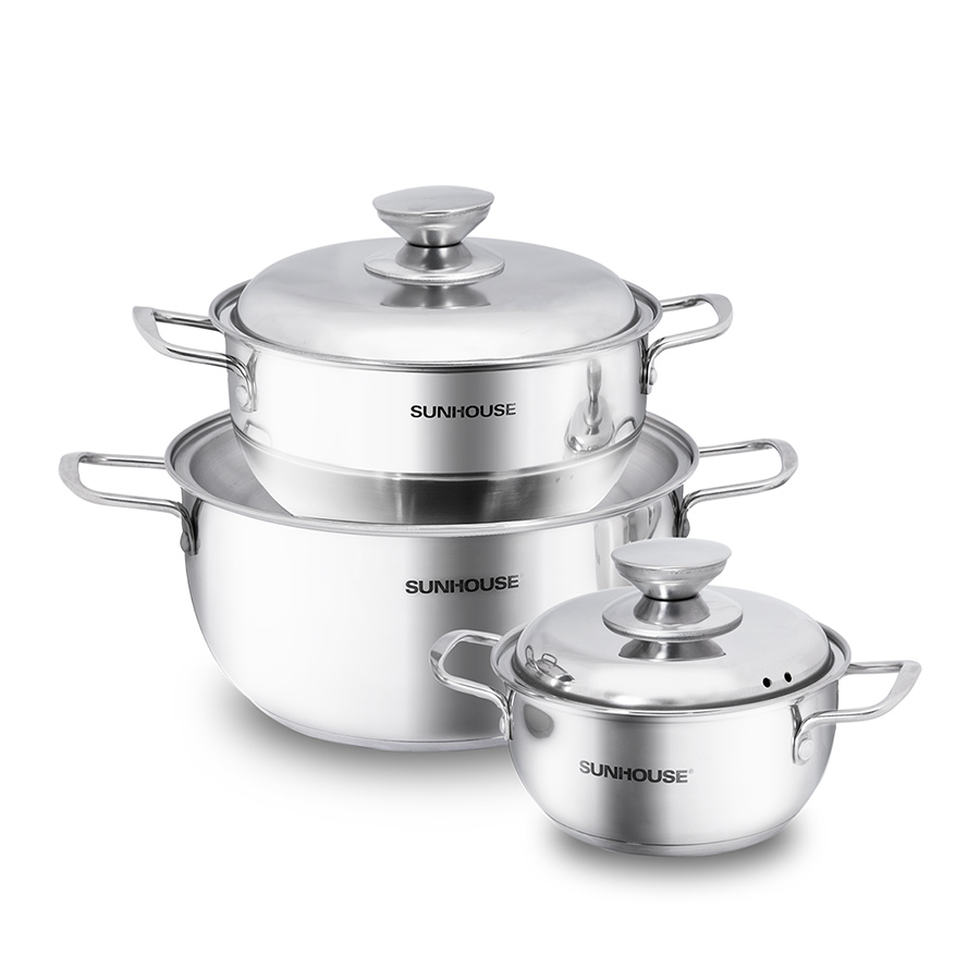 Bộ Nồi Inox 3 Đáy Sunhouse SH335(16cm, 20cm, 24cm ) - Dùng trên mọi loại bếp - Hàng chính hãng