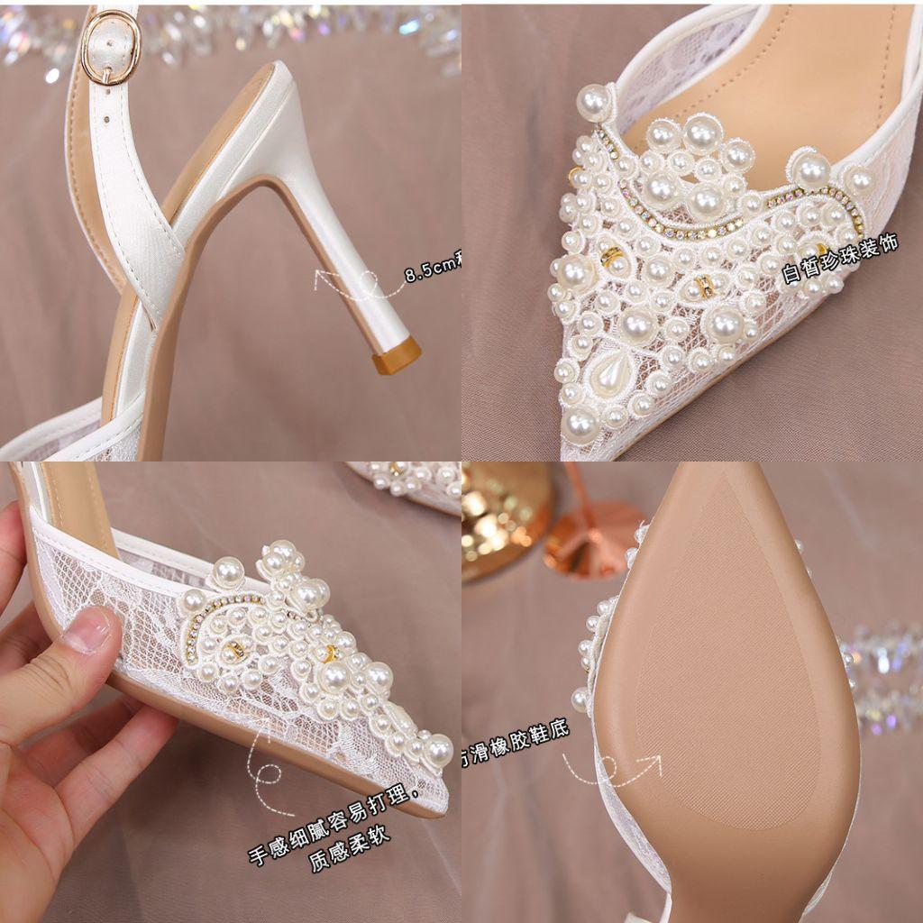 Giày cao gót, giày cưới cô dâu gót nhọn màu trắng đính ren ngọc cao cấp - GCCD028