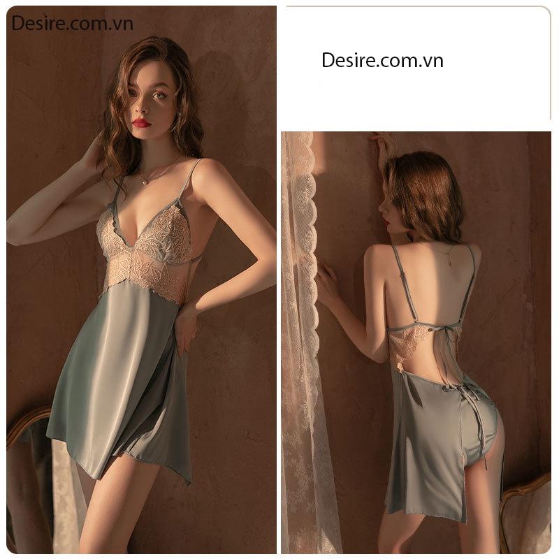 Váy ngủ lụa Đầm ngủ hai dây lụa phối ren gợi cảm sexy VN-037
