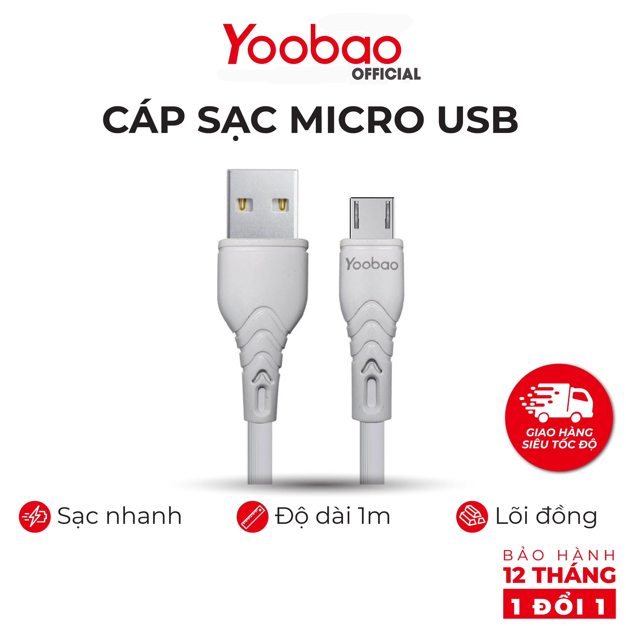 [HÀNG CHÍNH HÃNG] Dây cáp sạc Micro USB YOOBAO C5 Sạc ổn định dài 1m - Bảo hành 12 tháng 1 đổi 1