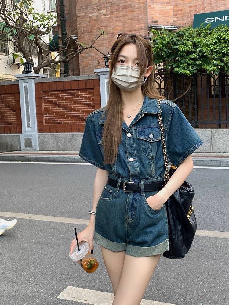 JUMPSUIT NGẮN ĐỒ BAY QUẦN ỐNG RỘNG SUÔNG TRƠN CỔ SƠ MI JEANS PLAYSUITS DENIM BO EO ĐI CHƠI ĐI PHƯỢT DẠO PHỐ  ĐI BIỂN