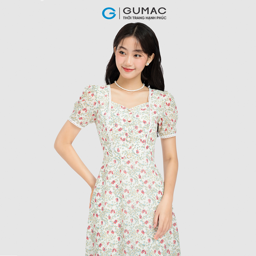 Đầm hoa form A GUMAC DC08096 viền ren dáng cổ vuông