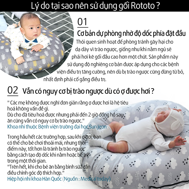 Gối chống trào ngược Rototo bebe nhập khẩu chất liệu cotton mềm mại khắc phục tình trạng trào ngược sơ sinh