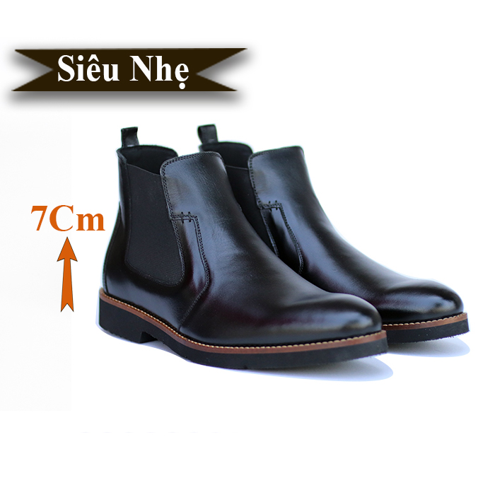 Giày Boots Nam Tăng Chiều Cao Siêu Nhẹ T&amp;TRA Tăng Cao 7Cm, S1077 Đen Trơn , Chất Liệu Da Bò Cao Cấp, Đế Và Lót Siêu Nhẹ Giúp Giảm Trọng Lượng 30% So Với Đế Cao Su