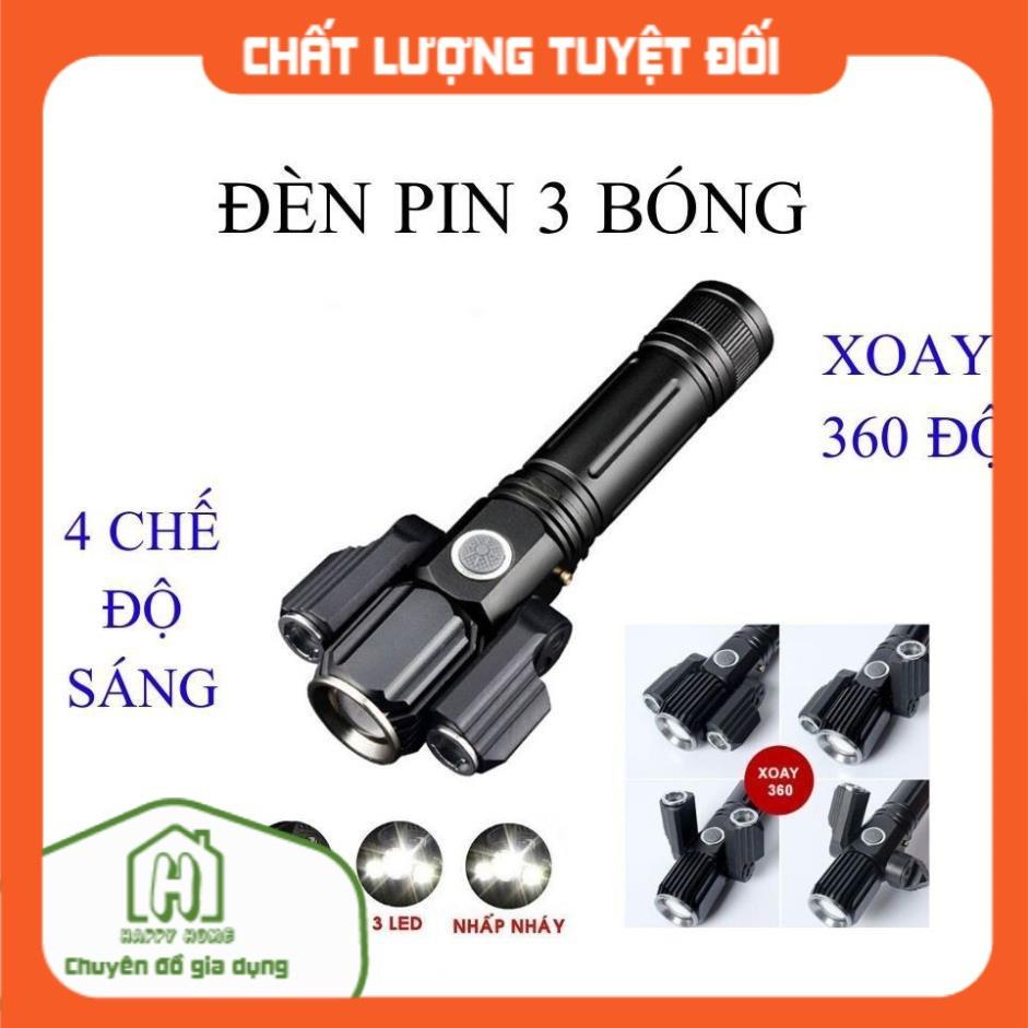 Đèn Pin Led Cầm Tay 3 Bóng Siêu Sáng Xoay 360 Độ, 4 Chế Độ Ánh Sáng