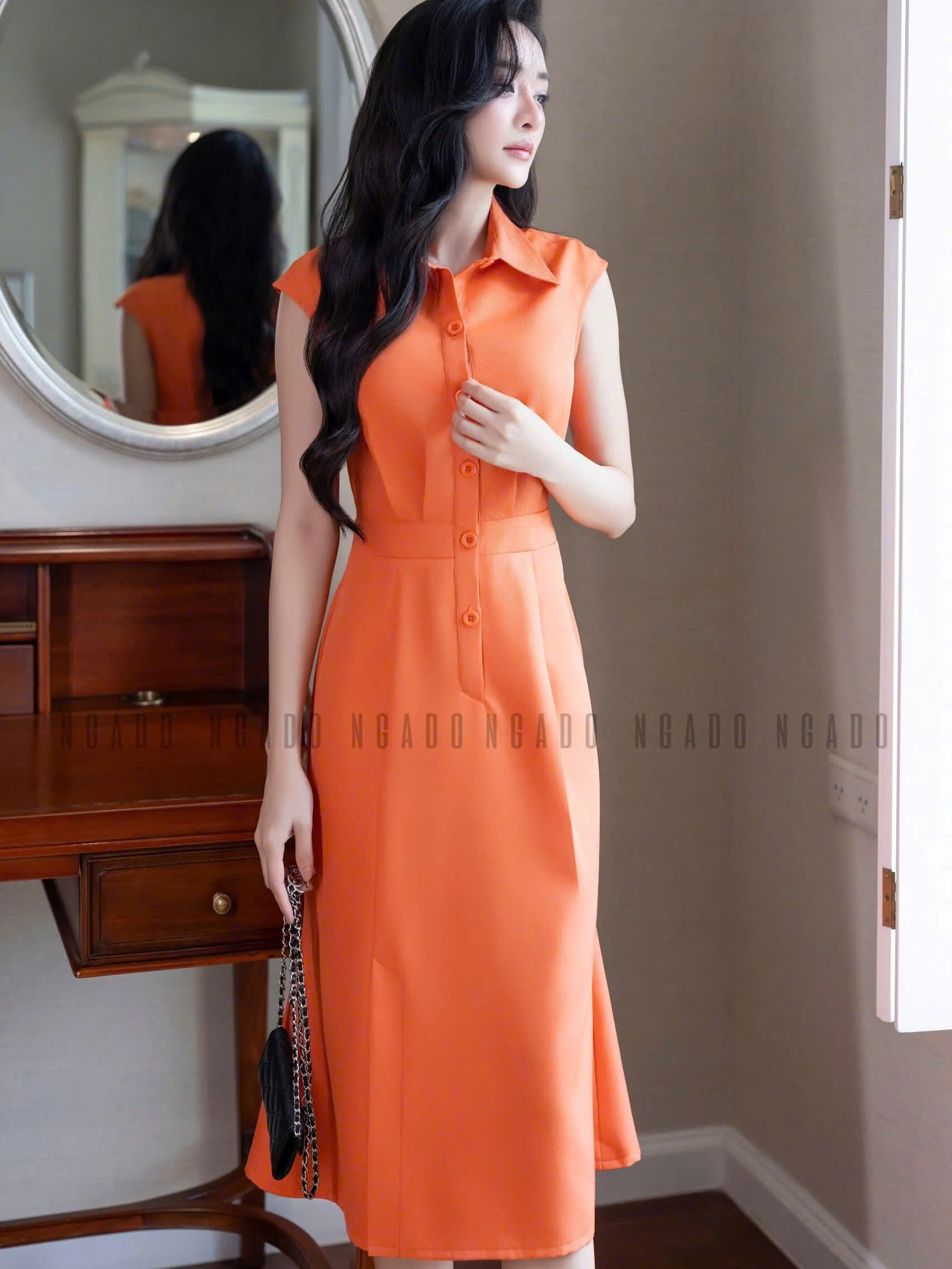 Đầm cam eo xếp ly NGADO , đầm thiết kế , đầm công sở , dạo phố
