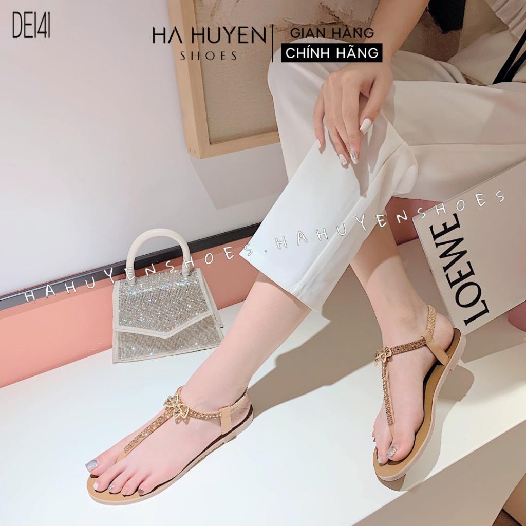 Sandal quai kẹp nữ Hà Huyền Shoes đính nơ đá quai chun thời trang - DE141