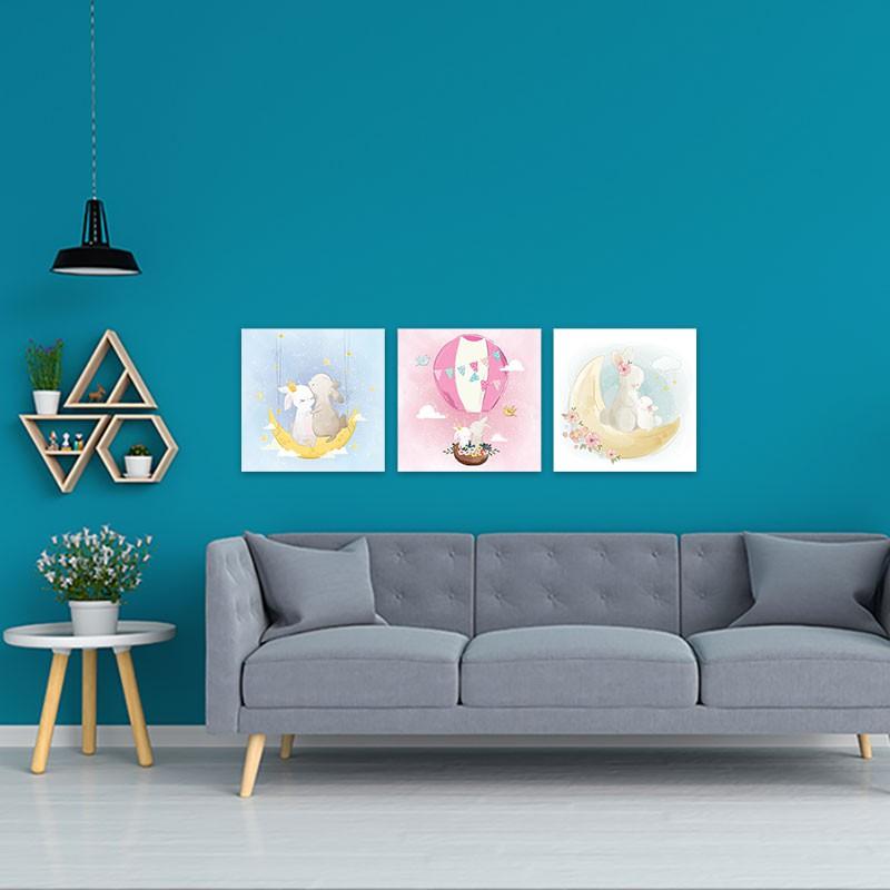 Bộ 3 tranh cho trẻ em “Gia đình thỏ” | Tranh trang trí phòng ngủ em bé W3376