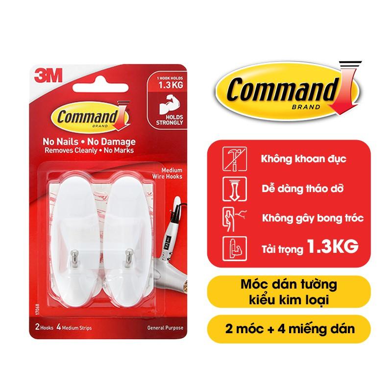 Móc dán tường đầu kim loại Command 3M vỉ 2 cái cỡ vừa chịu lực 1.3kg - Độ bền cao, bám cực chắc, tháo cực dễ 17068